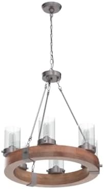 Farmhouse Wood Chandelier with Seeded Glass Shades