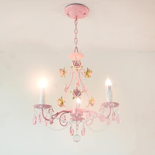 Pink Crystal Chandelier with Flowers for Girls Bedroom