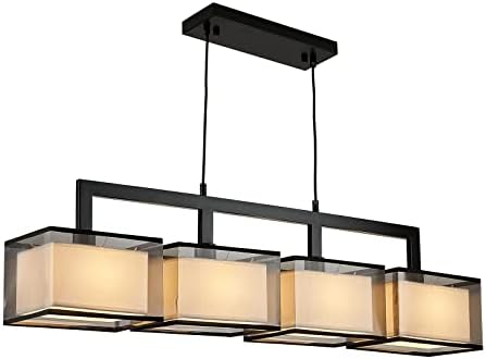 Modern Rectangular Chandelier with 4 Lights and Fabric Shade