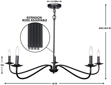 Farmhouse Chandelier Black 5 Light Adjustable Height