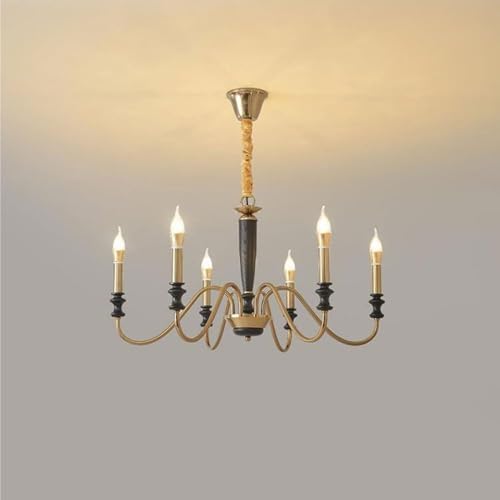 6 Light French Antique Style Chandelier with Iron and Wood Design