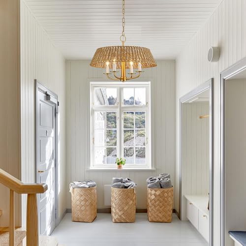 Gold Modern Rattan Chandelier with 4 Lights