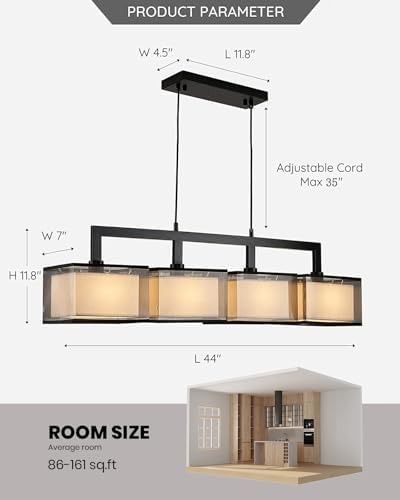 Modern Rectangular Chandelier with 4 Lights and Fabric Shade