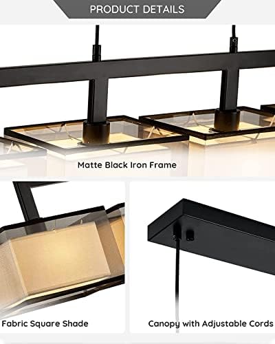 Modern Rectangular Chandelier with 4 Lights and Fabric Shade