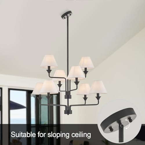 Modern Black Chandelier with Off-White Fabric Shades
