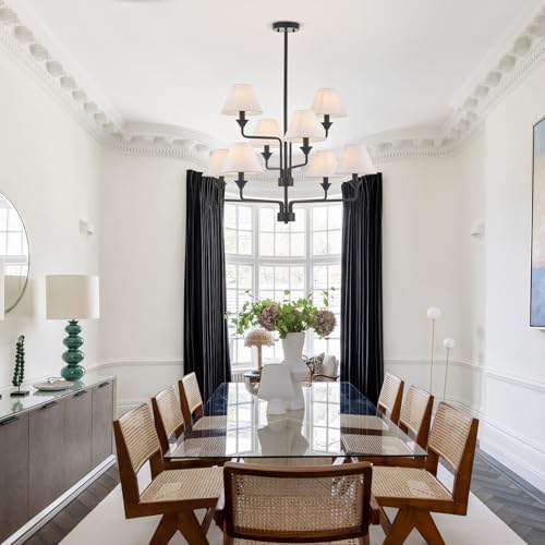 Modern Black Chandelier with Off-White Fabric Shades