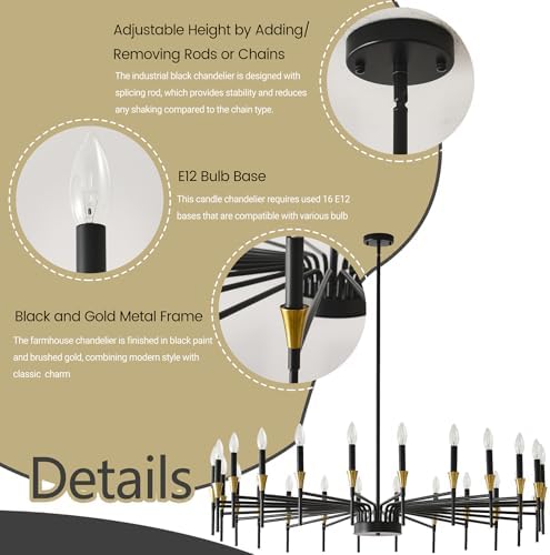 Modern Farmhouse Chandelier Gold Black 24 Light Industrial Pendant