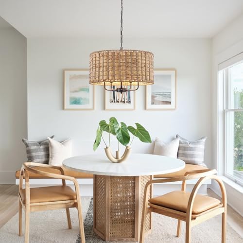 Boho Rattan Chandelier with 5 Lights for Dining Room and Kitchen