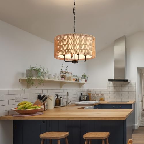 4-Light Rattan Farmhouse Chandelier for Dining Room