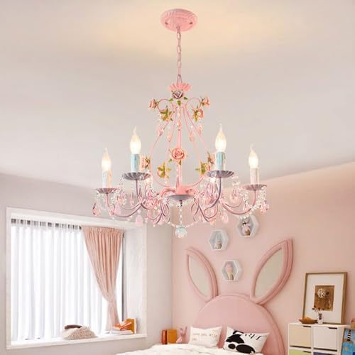 Pink Crystal Chandelier with Flowers for Girls Bedroom