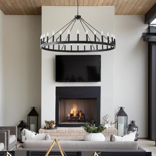 53 Inch Black Wagon Wheel Chandelier with 30 Rustic Candle Lights