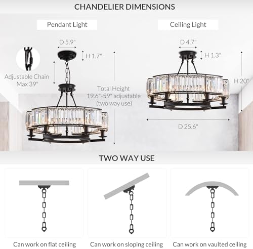 NOXARTE 6 Light Round Crystal Chandelier Black Iron Frame