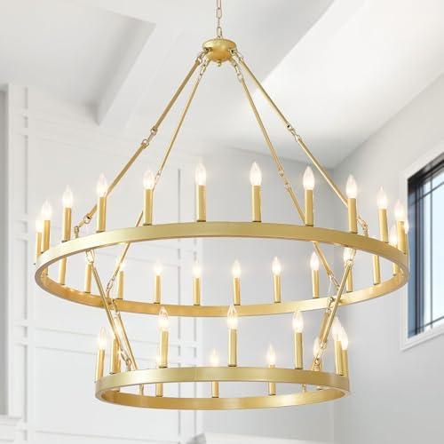 EGM 48 Inch 2 Tier Gold Wagon Wheel Chandelier