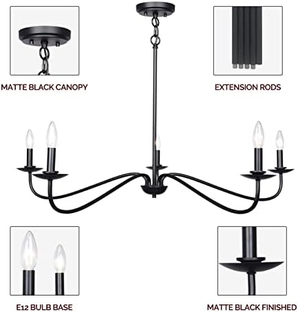 Farmhouse Chandelier Black 5 Light Adjustable Height