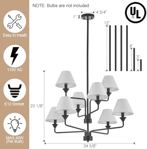 Modern Black Chandelier with Off-White Fabric Shades