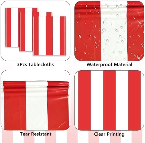 3-Pack Red and White Striped Tablecloths - 86x51 Inch Carnival Party Plastic Covers