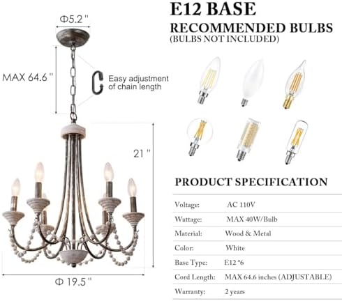 Wood Chandelier 6-Light French Country Farmhouse