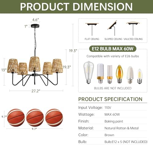 5-Light Rattan Chandelier Dining Room Decor