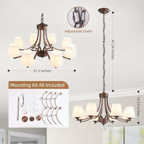 8 Light Rustic Chandelier with Frosted White Glass