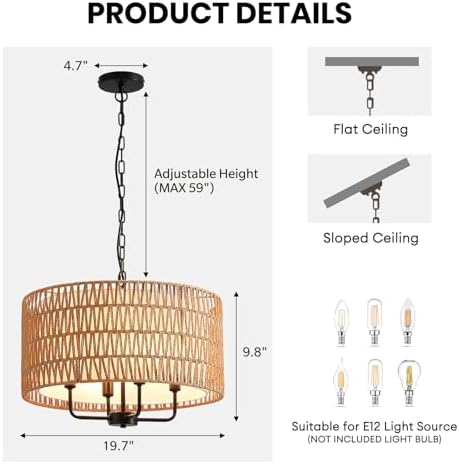 4-Light Rattan Farmhouse Chandelier for Dining Room