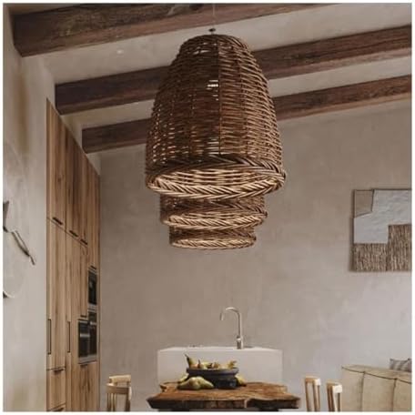 Bohemian Woven Rattan Chandelier - 35cm Brown Black Farmhouse Lighting