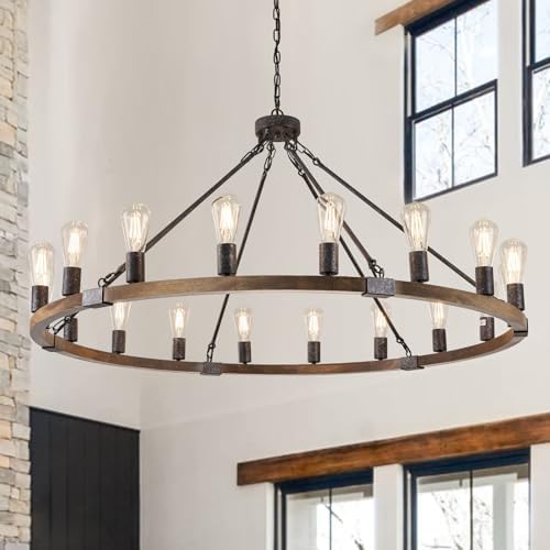 Benkut 47 Inch Black Wagon Wheel Chandelier 18 Light