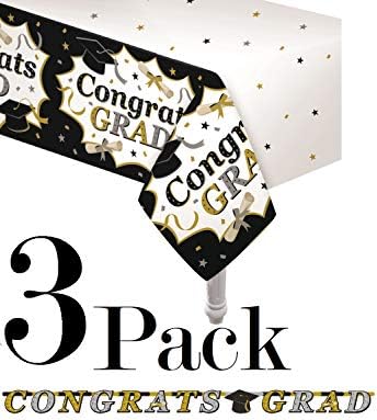 Oojami 3 Pack Black and Gold Graduation Tablecloths with Banner