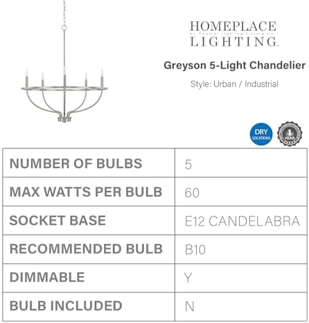HomePlace Lighting Greyson Round Candle Chandelier 5-Light 300W Brushed Nickel