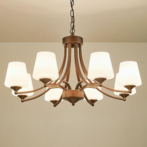 8 Light Rustic Chandelier with Frosted White Glass