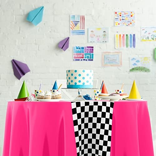 Oudain Cars Birthday Tablecloths - 3pcs Pink Checkered Round Cloth
