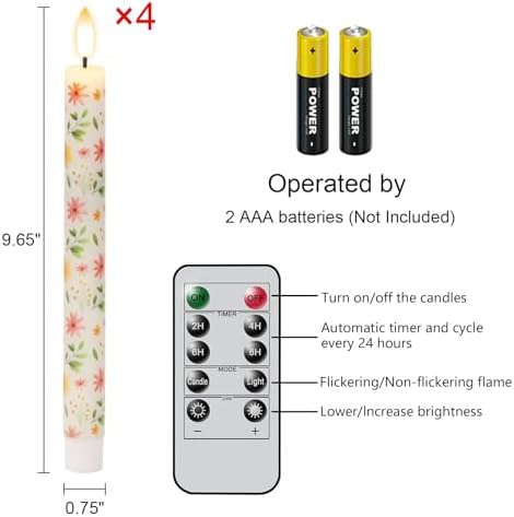 Floral Flameless Taper Candles with Remote Timer
