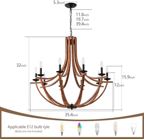 BAOURE 10-Light Wood Texture Farmhouse Chandelier