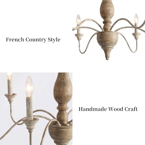 LALUZ Farmhouse Chandelier 6 Light Wood Rusty Metal