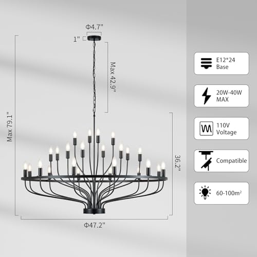 472 Inch Black 24 Light Chandelier Farmhouse Industrial Style