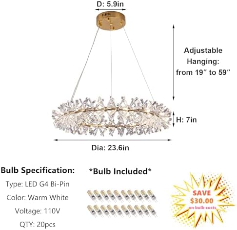 Modern Crystal Chandelier D24 Gold Ring Ceiling Light Fixture