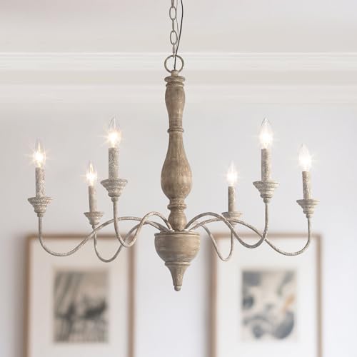 LALUZ Farmhouse Chandelier 6 Light Wood Rusty Metal