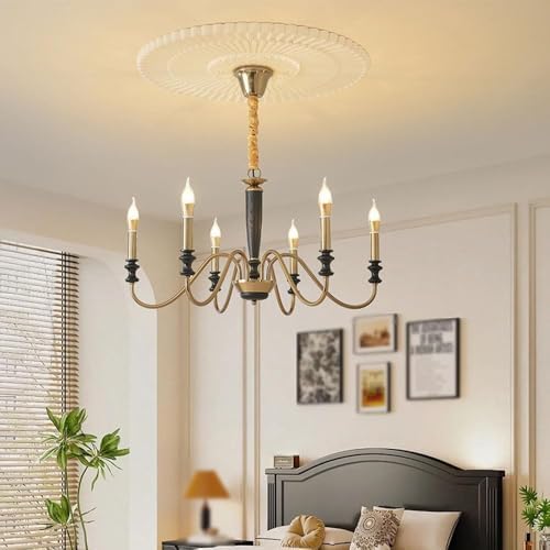 6 Light French Antique Style Chandelier with Iron and Wood Design