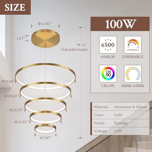 5 Ring Modern LED Chandelier Dimmable Gold for High Ceiling