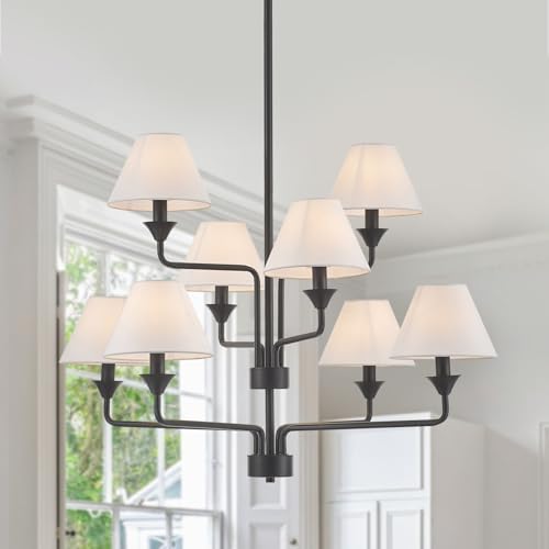 Modern Black Chandelier with Off-White Fabric Shades