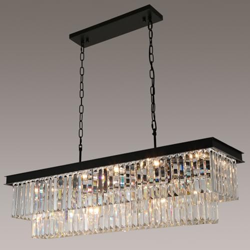Black Crystal Chandelier 15-Lights Modern Rectangle Dining Room Light Fixture