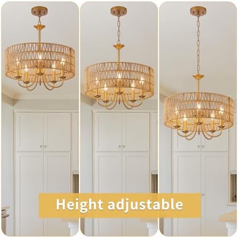 5-Light Boho Rattan Chandelier with Gold Finish