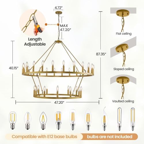 47 Inch Gold Wagon Wheel Chandelier 2 Tier 36 Lights