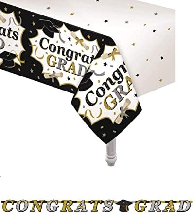 Oojami 3 Pack Black and Gold Graduation Tablecloths with Banner