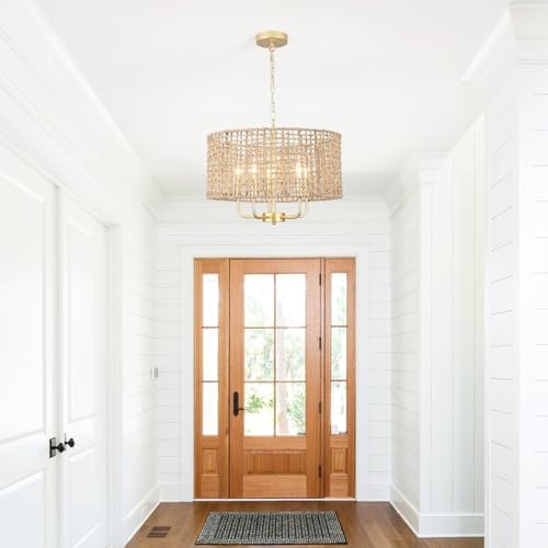 5 Light Rattan Chandelier with Gold Finish
