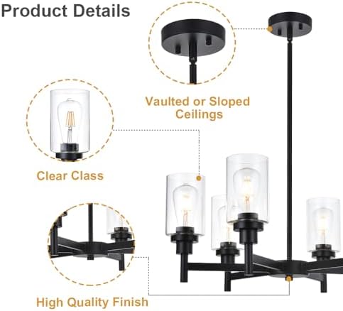 VINLUZ 6 Light Black Chandelier with Clear Glass