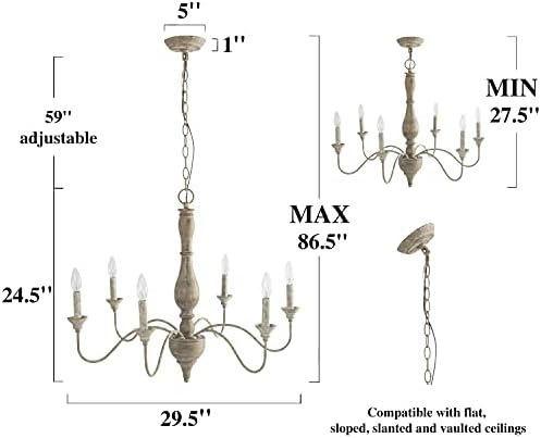 6-Light French Country Chandelier Handmade Real Wood Farmhouse Chandelier with Distressed Finish