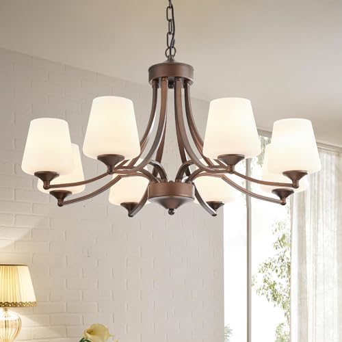 8 Light Rustic Chandelier with Frosted White Glass
