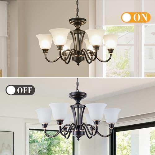 Farmhouse 6-Light Chandelier with Frosted Glass Adjustable Height Pendant Black