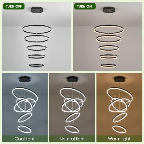 5-Rings LED Chandelier Black Dimmable with Remote Control