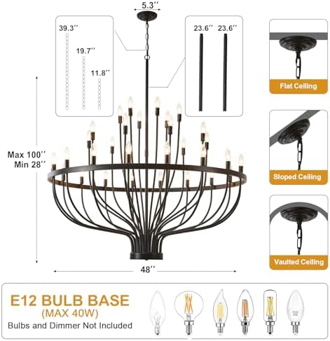 48 Inch Black Chandelier for Dining Room with 33 Lights